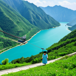 **

"Chongpung Lake scenic cable car ride. A fully clothed woman in a modest summer dress gazes out at the vast blue lake surrounded by green mountains. The cable car is in motion, emphasizing the height and panoramic view. Clear blue sky. Safe for work, appropriate content, perfect anatomy, natural proportions, family-friendly, professional photography, high quality."

**