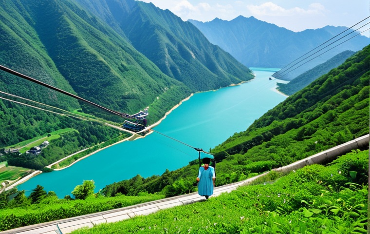 **

"Chongpung Lake scenic cable car ride. A fully clothed woman in a modest summer dress gazes out at the vast blue lake surrounded by green mountains. The cable car is in motion, emphasizing the height and panoramic view. Clear blue sky. Safe for work, appropriate content, perfect anatomy, natural proportions, family-friendly, professional photography, high quality."

**
