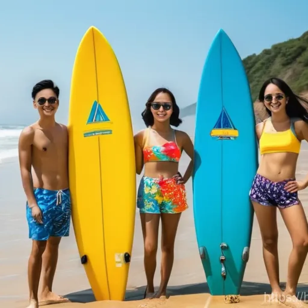 양양 서피비치 서핑포토존 - **Prompt:** A vibrant, sunny day at Yangyang Surf Beach, South Korea. A diverse group of young adult...