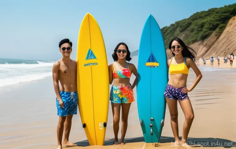 양양 서피비치 서핑포토존 - **Prompt:** A vibrant, sunny day at Yangyang Surf Beach, South Korea. A diverse group of young adult...