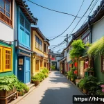 Home 21 파주 헤이리 예술마을 감성사진 - A vibrant narrow alley in Paju Art Village bathed in soft morning sunlight, walls covered with color...