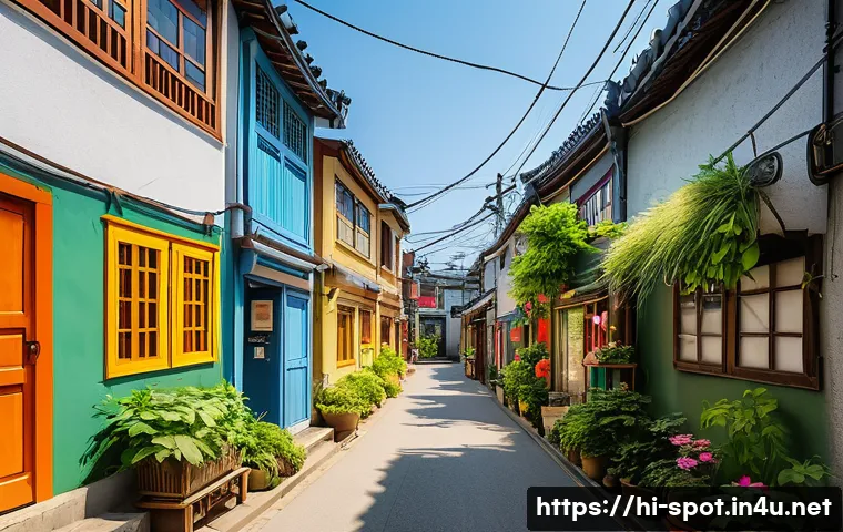 파주 헤이리 예술마을 감성사진 - A vibrant narrow alley in Paju Art Village bathed in soft morning sunlight, walls covered with color...