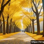 Home 20 홍천 은행나무숲 가을사진 - A serene autumn scene in Hongcheon’s Ginkgo Garden featuring tall ginkgo trees with vibrant yellow a...