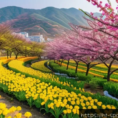 Home 31 춘천 남이섬 사계절 포토존 - A vibrant spring garden in Chuncheon at sunrise, featuring blossoming colorful flowers and fresh gre...
