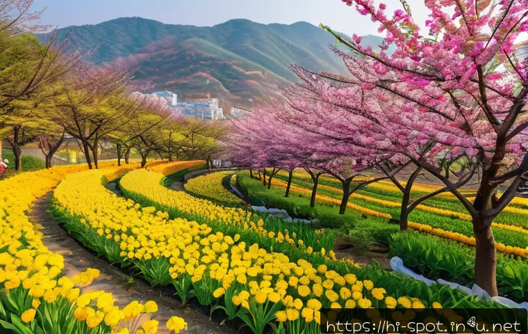춘천 남이섬 사계절 포토존 - A vibrant spring garden in Chuncheon at sunrise, featuring blossoming colorful flowers and fresh gre...
