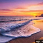 Home 18 강화도 석모도 낙조 촬영지 - A serene coastal sunset scene at Ganghwa Island and Seokmodo beaches, featuring gentle waves lapping...