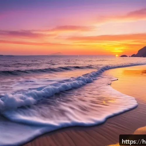 Home 30 강화도 석모도 낙조 촬영지 - A serene coastal sunset scene at Ganghwa Island and Seokmodo beaches, featuring gentle waves lapping...