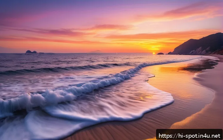 강화도 석모도 낙조 촬영지 - A serene coastal sunset scene at Ganghwa Island and Seokmodo beaches, featuring gentle waves lapping...